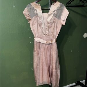 Vintage Blush Midi Dress with Feather Details